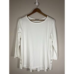 Hinsun Wu Top Womens Size 1 Bust 42"‎ White 3/4 Sleeve Stretch Knit Button Sides